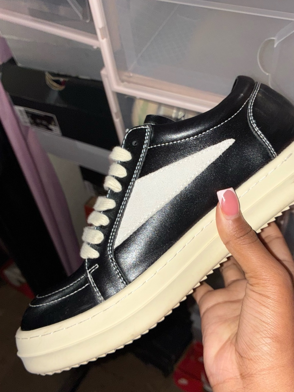 Rick Owens Black Leather Low-Top Sneakers with Cream Accents